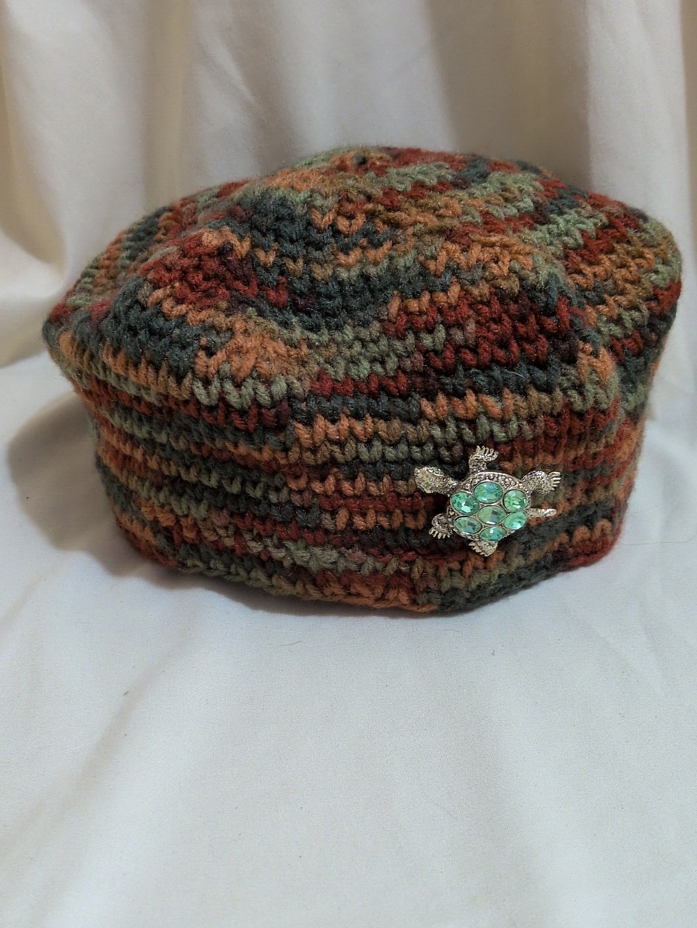Hand Crafted Multicolor Crochet Beret with Turtle Pin